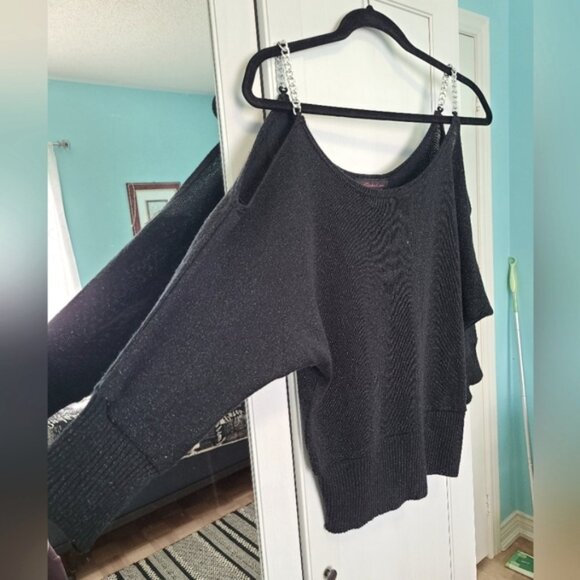 Festive Holiday Party Black Glitter Knit Cold Shoulder Silver Chain Strap Top - Picture 3 of 11